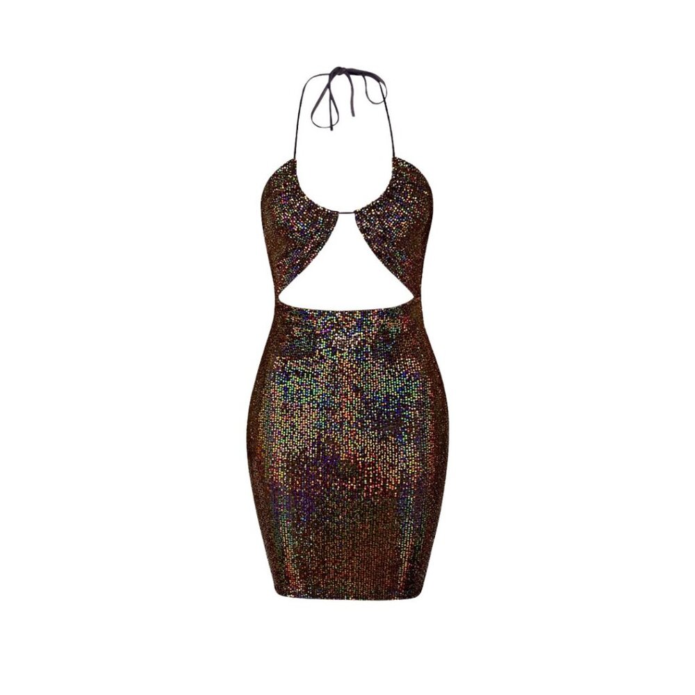 NWT Sabora Mocha Bronze Iridescent Sequin TwoPiece Bodycon Mini Dress Club Party